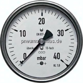 MW -40160 MB10CR Manometer waagerecht 160mm, -40 bis 0 mbar, G 1/2